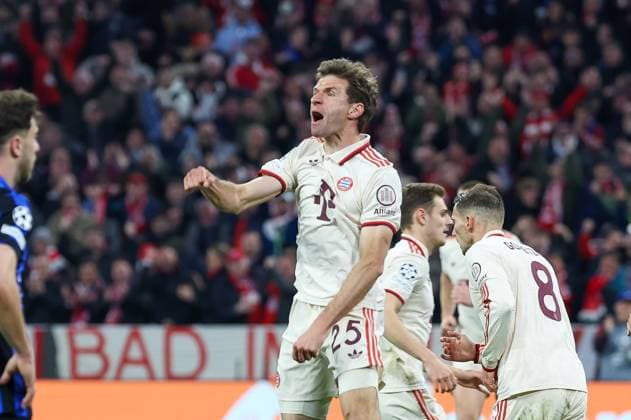 Torjubel von Thomas Mueller 25 (FC Bayern Muenchen) zum Ausgleich 1:1, FC Bayern Muenchen vs. Inter Mailand, Fussball, Champions League, Viertelfinale, Hinspiel, 08.04.2025 Muenchen Bayern Deutschland