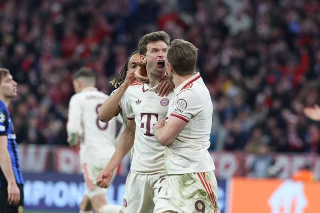 Torjubel von Thomas Mueller 25 (FC Bayern Muenchen) zum Ausgleich 1:1, FC Bayern Muenchen vs. Inter Mailand, Fussball, Champions League, Viertelfinale, Hinspiel, 08.04.2025 Muenchen Bayern Deutschland