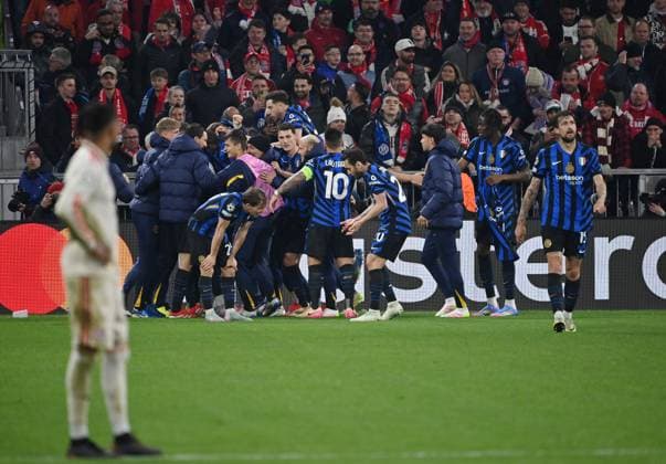 08.04.2025, xjrdrx, Fussball UEFA Champions League, FC Bayern Muenchen - Inter Mailand v.l. Davide Frattesi (Inter Mailand) celebrate the goal, Der Torjubel zum 1:2 (DFL DFB REGULATIONS PROHIBIT ANY USE OF PHOTOGRAPHS as IMAGE SEQUENCES and or QUASI-VIDEO) Muenchen