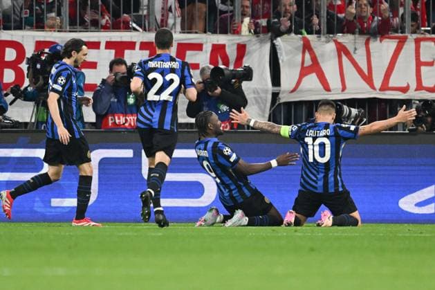 FC Bayern Munchen v FC Internazionale Milano - UEFA Champions League 2024 25 Quarter Final First Leg Lautaro Martinez of FC Inter celebrates after a goal during the UEFA Champions League quarter-finals first leg match between FC Bayern Monaco and Inter FC Internazionale, at Allianz Arena stadium in Monaco, Germany, on April 8, 2025. Monaco Germany  Copyright: xTizianoxBallabiox originalFilename:ballabio-fcbayern250408_npue9.jpg