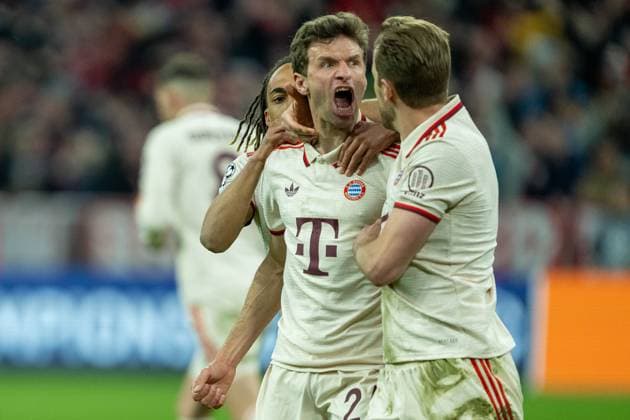 Tor zum 1:1 durch Thomas Mueller (FC Bayern Muenchen, 25), mit Sacha Boey (FC Bayern Muenchen, 23) und Harry Kane (FC Bayern Muenchen, 09), GER, FC Bayern Muenchen vs. Inter Mailand, Fussball, UEFA, Champions League, Viertlfinale, Hinspiel, Spielzeit 2024 2025, 08.04.2025, GER, FC Bayern Muenchen vs. Inter Mailand, Fussball, UEFA, Champions League, Viertlfinale, Hinspiel, Spielzeit 2024 2025, 08.04.2025 Muenchen Copyright: xEibner-Pressefotox EP_EER