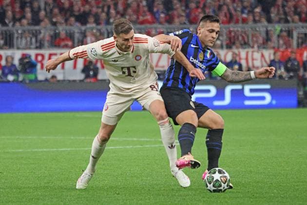 8 Leon Goretzka (FCB) gegen 10 Lautaro Martinez (Inter) Aktion, Zweikampf, Fussball FC Bayern München - Inter Mailand Hinspiel, Viertelfinale UEFA Champions League 08.04.2025 Allianz Arena FOTO: Mladen Lackovic LakoPress