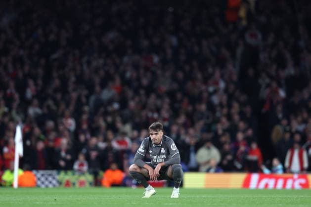 Arsenal v Real Madrid 08 April 2025, London - UEFA Champions League Football, Quarter-Final, First Leg - Arsenal v Real Madrid - Raul Asencio of Real Madrid - Photo: Charlotte Wilson Offside. London UK Copyright: xCharlottexWilsonx xOffsidexOffside