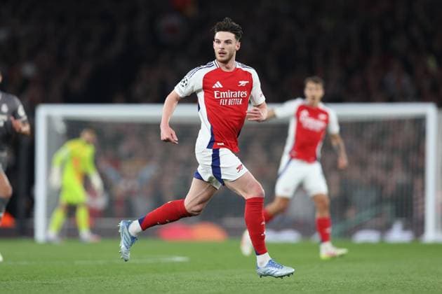 Arsenal v Real Madrid 08 April 2025, London - UEFA Champions League Football, Quarter-Final, First Leg - Arsenal v Real Madrid - Declan Rice of Arsenal - Photo: Charlotte Wilson Offside. London UK Copyright: xCharlottexWilsonx xOffsidexOffside