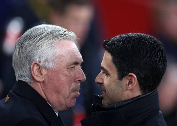 Sport Themen der Woche KW15 London, England, 8th April 2025. Mikel Arteta manager of Arsenal with Carlo Ancelotti manager of Real Madrid during the Arsenal vs Real Madrid UEFA Champions League match at the Emirates Stadium, London. Picture credit should read: David Klein Sportimage EDITORIAL USE ONLY. No use with unauthorised audio, video, data, fixture lists, club league logos or live services. Online in-match use limited to 120 images, no video emulation. No use in betting, games or single club league player publications. SPI_126_DK_Arsenal_Real_Madrid SPI-3819-0128