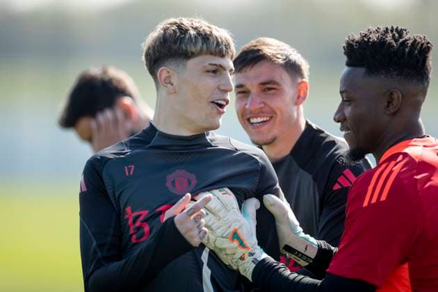 Manchester United, ManU FC Training Alejandro Garnacho 17 of Manchester United F.C and Andre Onana 24 (GK) of Manchester United F.C during Manchester United FC Training ahead of the Lyon v Manchester United Europa League Quarter-Final match, at Carrington Training Centre, Manchester, England, United Kingdom on 9 April 2025 Credit: Mike Morese Every Second Media Editorial use only. All images are copyright Every Second Media Limited. No images may be reproduced without prior permission. Copyright: xIMAGO EveryxSecondxMediax ESM-1411-0015 MikexMoresex xEveryxSecondxMediax