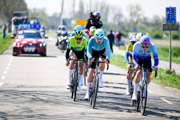 The breakaway group pictured during the men s race of the 113th edition of the Scheldeprijs one day cycling event, 202,8 km from Terneuzen, the Netherlands to Schoten, Belgium on Wednesday 09 April 2025. TOM GOYVAERTS TomxGoyvaerts  x120376692x