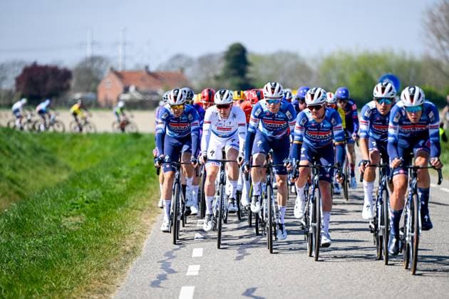 Belgian Tim Merlier of Soudal Quick-Step and Soudal Quick-Step riders in front of the men s race of the 113th edition of the Scheldeprijs one day cycling event, 202,8 km from Terneuzen, the Netherlands to Schoten, Belgium on Wednesday 09 April 2025. TOM GOYVAERTS TomxGoyvaerts  x120377301x