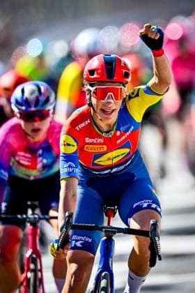 Italian Elisa Balsamo of Lidl-Trek celebrates as she crosses the finish line at the women s race of the 113th edition of the Scheldeprijs one day cycling event, 202,8 km from Terneuzen, the Netherlands to Schoten, Belgium on Wednesday 09 April 2025. ERICxLALMAND  x120381726x