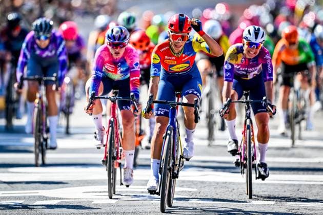 Italian Elisa Balsamo of Lidl-Trek celebrates as she crosses the finish line at the women s race of the 113th edition of the Scheldeprijs one day cycling event, 202,8 km from Terneuzen, the Netherlands to Schoten, Belgium on Wednesday 09 April 2025. ERICxLALMAND  x120381772x