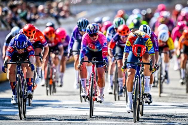Dutch Charlotte Kool of Team Picnic PostNL and Italian Elisa Balsamo of Lidl-Trek sprint to the finish of the women s race of the 113th edition of the Scheldeprijs one day cycling event, 202,8 km from Terneuzen, the Netherlands to Schoten, Belgium on Wednesday 09 April 2025. ERICxLALMAND  x120381836x