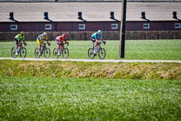 Belgian Criel Desal of Wagner Bazin WB, Belgian Tuur Dens of Team Flanders Baloise, French Baptiste Veistroffer of Lotto Cycling Team and Tijmen Eising pictured in action during the men s race of the 113th edition of the Scheldeprijs one day cycling event, 202,8 km from Terneuzen, the Netherlands to Schoten, Belgium on Wednesday 09 April 2025. TOM GOYVAERTS TomxGoyvaerts  x120382046x