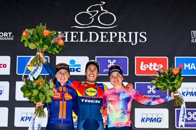 Dutch Charlotte Kool of Team Picnic PostNL, Italian Elisa Balsamo of Lidl-Trek and Italian Chiara Consonni of Canyon SRAM zondacrypto pictured on the podium after the women s race of the 113th edition of the Scheldeprijs one day cycling event, 202,8 km from Terneuzen, the Netherlands to Schoten, Belgium on Wednesday 09 April 2025. ERICxLALMAND  x120383219x