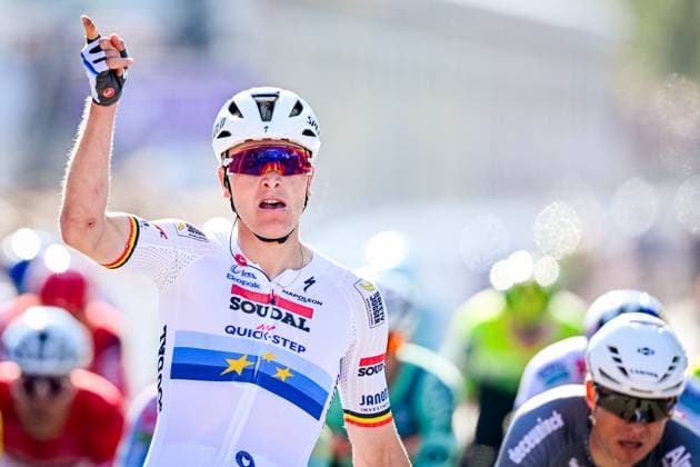 Belgian Tim Merlier of Soudal Quick-Step celebrates after winning the men s race of the 113th edition of the Scheldeprijs one day cycling event, 202,8 km from Terneuzen, the Netherlands to Schoten, Belgium on Wednesday 09 April 2025. ERICxLALMAND  x120393820x