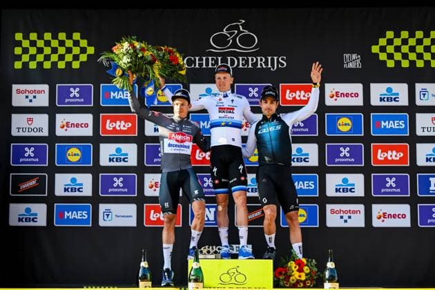 Belgian Jasper Philipsen of Alpecin-Deceuninck, Belgian Tim Merlier of Soudal Quick-Step and Italian Matteo Moschetti of Q36.5 Pro Cycling Team pictured on the podium after the men s race of the 113th edition of the Scheldeprijs one day cycling event, 202,8 km from Terneuzen, the Netherlands to Schoten, Belgium on Wednesday 09 April 2025. TOM GOYVAERTS TomxGoyvaerts  x120395904x