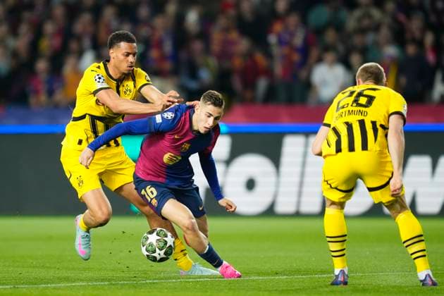 FC Barcelona, Barca v Borussia Dortmund - UEFA Champions League 2024 25 Quarter Final First Leg Fermin Lopez central midfield of Barcelona and Spain and Felix Nmecha central midfield of Borussia Dortmund and Germany compete for the ball during the UEFA Champions League 2024 25 Quarter Final First Leg match between FC Barcelona and Borussia Dortmund at Estadi Olimpic Lluis Companys on April 9, 2025 in Barcelona, Spain. Barcelona Spain  Copyright: xJosexBretonx originalFilename:bretonhernandez-fcbarcel250409_npEMB.jpg