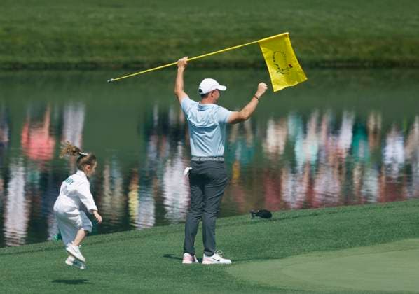 Rory McIlroy of Northern Ireland and his daughter Poppy take part in the 2025 Masters Par 3 Contest at Augusta National Golf Club in Augusta, Georgia, on Wednesday, April 9, 2025. The 2025 Masters Golf tournament begins on Thursday, April 10.  AUG20250409855 JOHNxANGELILLO