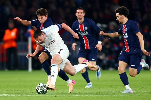 John McGinn of Aston Villa and Joao Neves of Paris Saint-Germain. Paris Saint-Germain v Real Madrid, UEFA Champions League, Quarter Final, First Leg, Football, Parc des Princes, Paris, France - 09 Apr 2025 EDITORIAL USE ONLY No use with unauthorised audio, video, data, fixture lists, club league logos or live services. Online in-match use limited to 120 images, no video emulation. No use in betting, games or single club league player publications. Copyright: xJamesxMarsh Shutterstockx 15243606av
