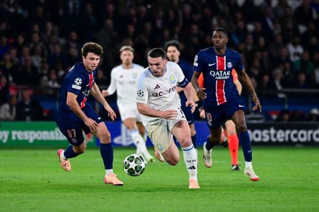 FOOTBALL : PSG vs Aston Villa - Ligue des Champions - 09 04 2025 Joao Pedro Goncalves Neves ( 87 - PSG ) , John McGinn ( 7 - Aston Villa ) and Ousmane DEMBELE ( 10 - PSG ) during the UEFA Champions League match between Paris Saint Germain and Aston Villa FC at Parc Des Princes on April 09 , 2025 in Paris, France. ( Photo by Dante Badano PsnewZ ) - ParisFrance  Copyright: xDantexBadanox