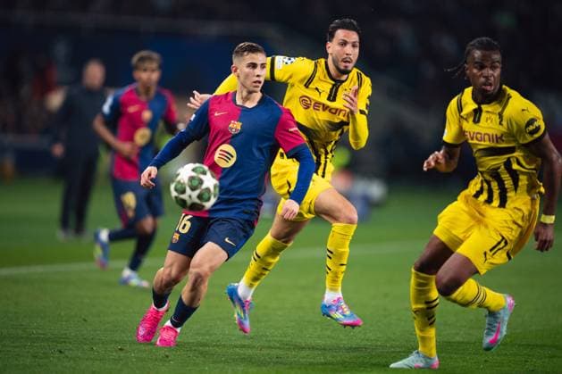 Spain-Football-Champions League - Quarters of Final First Leg - FC Barcelona, Barca v Borussia Dortmund in Barcelona, Spain. Barcelona, Spain, 9, April, 2025. Spain-Football-Champions League - Quarters of Final First Leg - FC Barcelona v Borussia Dortmund. (16) Fermin Lopez. Barcelona Olympic Stadium Lluis Companys Barcelona Spain