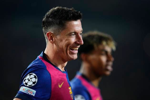 FC Barcelona, Barca v Borussia Dortmund - UEFA Champions League 2024 25 Quarter Final First Leg Robert Lewandowski centre-forward of Barcelona and Poland celebrates after scoring his sides first goal during the UEFA Champions League 2024 25 Quarter Final First Leg match between FC Barcelona and Borussia Dortmund at Estadi Olimpic Lluis Companys on April 9, 2025 in Barcelona, Spain. Barcelona Spain  Copyright: xJosexBretonx originalFilename:bretonhernandez-fcbarcel250409_np266.jpg