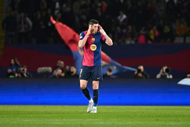 Torjubel zum 3:0 durch Robert Lewandowski 9 FC Barcelona, Barca , FC Barcelona vs. Borussia Dortmund, Fussball, Champions League, Viertelfinale, 09.04.2025 Barcelona Katalonien Spanien
