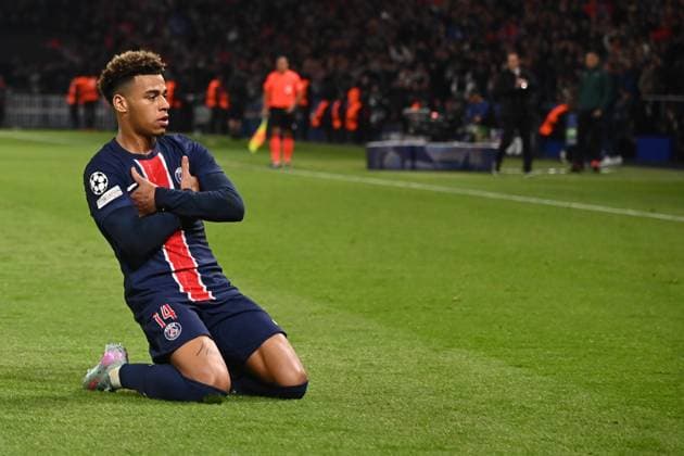 Desire Doue celebrates his equalizing goal during the Champions League quarter-final match between Paris Saint-Germain and Aston Villa at the Parc des Princes on April 9, 2025. - 09 04 2025 - France Ile-de-France (region) Paris -  JulienxMattiax xLexPictorium LePictorium_0306672
