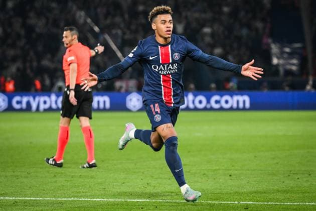 April 9, 2025, Paris, France, France: DESIRE DOUE of PSG celebrates his goal during the UEFA Champions League match between Paris Saint-Germain and Aston Villa at Parc des Princes Stadium. PSG won 3:1. Paris France - ZUMAm308 20250409_zsp_m308_004 Copyright: xMatthieuxMirvillex