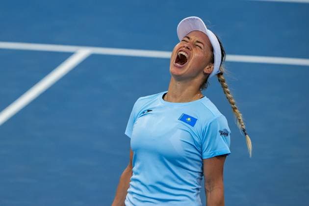 Sport Themen der Woche KW15 Sport Bilder des Tages April 10, 2025, Brisbane, Queensland, Australia: Yulia Putintseva of Kazakhstan celebrates after earning victory over Maya Joint of Australia in the first match of the Billie Jean Cup Group match being held in Brisbane, Australia. Yulia Putintseva was victorious 6-2, 6-1. Group D comprises Australia, Kazakhstan, and Colombia, with the winning team progressing to the finals in Shezhen. Brisbane Australia - ZUMAs197 20250410_aaa_s197_004 Copyright: xRichardxHainesx