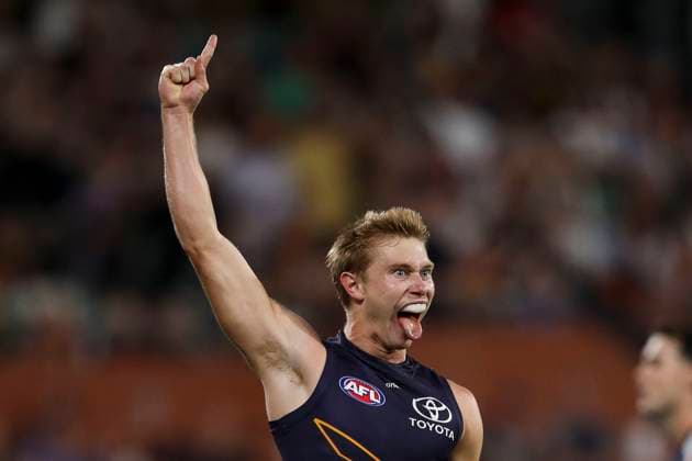 Sport Themen der Woche KW15 Sport Bilder des Tages AFL CROWS CATS, Sid Draper of the Crows celebrates a goal during the AFL Round 5 match between the Adelaide Crows and the Geelong Cats at Adelaide Oval in Adelaide, Thursday, April 10, 2025. ( NO ARCHIVING, EDITORIAL USE ONLY, NO USE IN BOOKS WITHOUT CONSENT ADELAIDE SOUTH AUSTRALIA AUSTRALIA  Copyright: xMATTxTURNERx 20250410196562917357