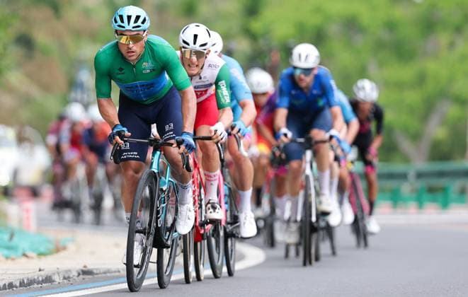 (250410) -- DONGFANG, April 10, 2025 -- Matteo Malucelli (Front) of of XDS Astana Team competes during Stage 4 at the 16th Tour of Hainan cycling race from Baoting to Dongfang, south China s Hainan Province, April 10, 2025. ) (SP)CHINA-HAINAN-DONGFANG-CYCLING-TOUR OF HAINAN (CN) YangxGuanyu 