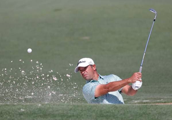 Rafael Campos of Puerto Rico hits out of a bunker on the second hole during the first round of the Masters golf tournament at Augusta National Golf Club in Augusta, Georgia on Thursday, April 10, 2025.  AUG20250410552 TANNENxMAURY