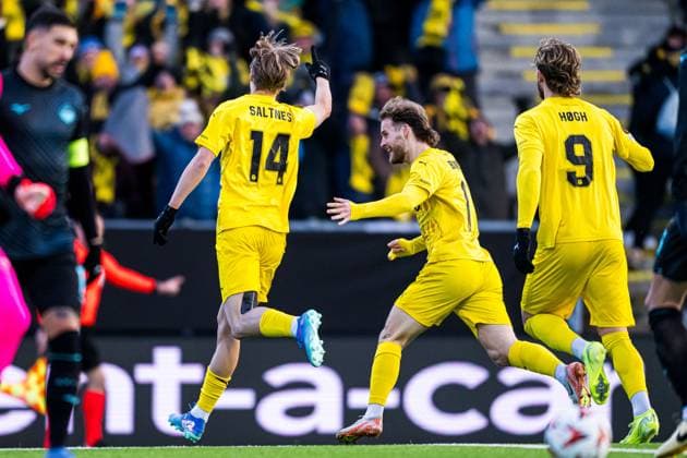 250410 Ulrik Saltnes of Bodo Glimt celebrates after scoring the 1-0 goal during the UEFA Europa League quarter-final football match between Bodo Glimt and Lazio on April 10, 2025 in Bodo. Photo: Marius Simensen BILDBYRAN COP 238 bbeng bodo bodo glimt football fotball fotboll jubel kvartfinale lazio quarter-final soccer uefa europa league Copyright: MARIUSxSIMENSEN BB250410BB695