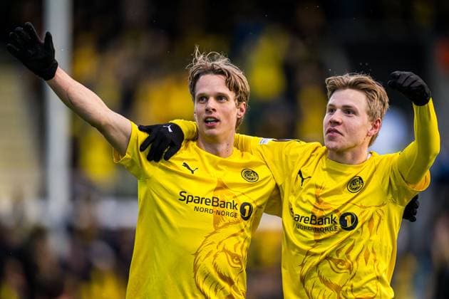 250410 Ulrik Saltnes of Bodo Glimt celebrates after scoring the 2-0 goal during the UEFA Europa League quarter-final football match between Bodo Glimt and Lazio on April 10, 2025 in Bodo. Photo: Marius Simensen BILDBYRAN COP 238 bbeng bodo bodo glimt football fotball fotboll jubel kvartfinale lazio quarter-final soccer uefa europa league Copyright: MARIUSxSIMENSEN BB250410BB773