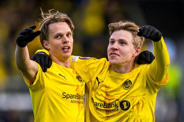 250410 Ulrik Saltnes of Bodo Glimt celebrates after scoring the 2-0 goal during the UEFA Europa League quarter-final football match between Bodo Glimt and Lazio on April 10, 2025 in Bodo. Photo: Marius Simensen BILDBYRAN COP 238 bbeng bodo bodo glimt football fotball fotboll jubel kvartfinale lazio quarter-final soccer uefa europa league Copyright: MARIUSxSIMENSEN BB250410BB785