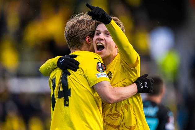 250410 Ulrik Saltnes of Bodo Glimt celebrates after scoring the 2-0 goal during the UEFA Europa League quarter-final football match between Bodo Glimt and Lazio on April 10, 2025 in Bodo. Photo: Marius Simensen BILDBYRAN COP 238 bbeng bodo bodo glimt football fotball fotboll jubel kvartfinale lazio quarter-final soccer uefa europa league Copyright: MARIUSxSIMENSEN BB250410BB952