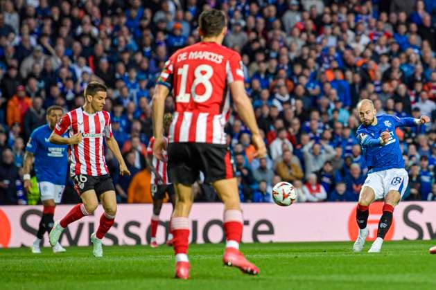 Rangers v Athletic Bilbao UEFA Europa League Vaclav Cerny of Rangers shoots during the UEFA Europa League Quarter-final First Leg match at Ibrox Stadium, Glasgow UK Newspapers OUT Copyright: xJamiexJohnstonx FIL-21689-0053