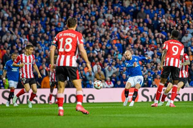 Rangers v Athletic Bilbao UEFA Europa League Vaclav Cerny of Rangers shoots during the UEFA Europa League Quarter-final First Leg match at Ibrox Stadium, Glasgow UK Newspapers OUT Copyright: xJamiexJohnstonx FIL-21689-0054