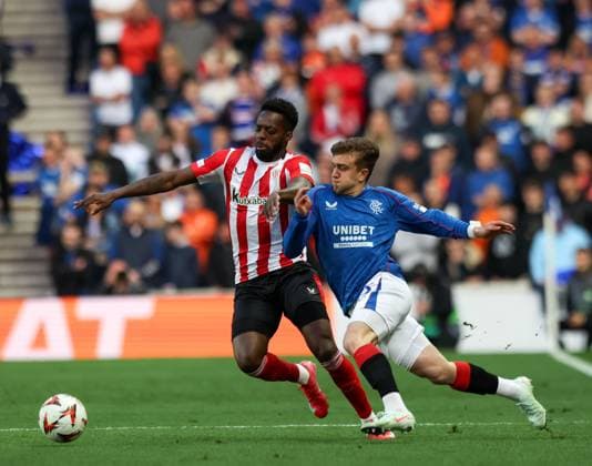 Ridvan Yilmaz of Rangers in action with Inaki Williams of Athletic Bilbao during UEFA Europa League Quarter-Final first leg match at Ibrox Stadium, Glasgow. Rangers v Athletic Bilbao, UEFA Europa League, Quarter Final, First Leg, Football, Ibrox Stadium, Glasgow, Scotland, UK - 10 Apr 2025 EDITORIAL USE ONLY No use with unauthorised audio, video, data, fixture lists, club league logos or live services. Online in-match use limited to 120 images, no video emulation. No use in betting, games or single club league player publications. Copyright: xRangersxFC Shutterstockx 15247737ax