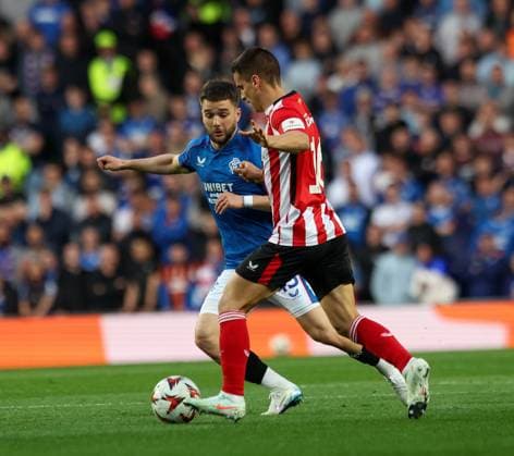 Nicolas Raskin of Rangers in action with Inigo Ruiz de Galarreta of Athletic Bilbao during UEFA Europa League Quarter-Final first leg match at Ibrox Stadium, Glasgow. Rangers v Athletic Bilbao, UEFA Europa League, Quarter Final, First Leg, Football, Ibrox Stadium, Glasgow, Scotland, UK - 10 Apr 2025 EDITORIAL USE ONLY No use with unauthorised audio, video, data, fixture lists, club league logos or live services. Online in-match use limited to 120 images, no video emulation. No use in betting, games or single club league player publications. Copyright: xRangersxFC Shutterstockx 15247737az