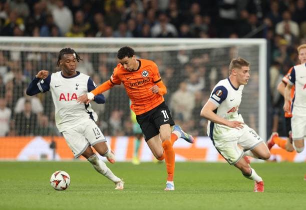 Destiny Udogie (TH) Hugo Ekitike (EF) Micky van de Ven (TH) at the Tottenham Hotspur v Eintracht Frankfurt UEFA Europa League match, at the Tottenham Hotspur Stadium, London, UK on 10th April, 2025. 