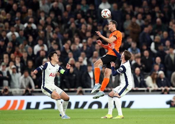 10.04.2025, xtgx, Fussball Europa League 1 4 Finale, Tottenham Hotspur - Eintracht Frankfurt v.l. Heung-Min Son of Tottenham Hotspur, Ellyes Skhiri (Eintracht Frankfurt), James Maddison of Tottenham Hotspur (DFL DFB REGULATIONS PROHIBIT ANY USE OF PHOTOGRAPHS as IMAGE SEQUENCES and or QUASI-VIDEO) London