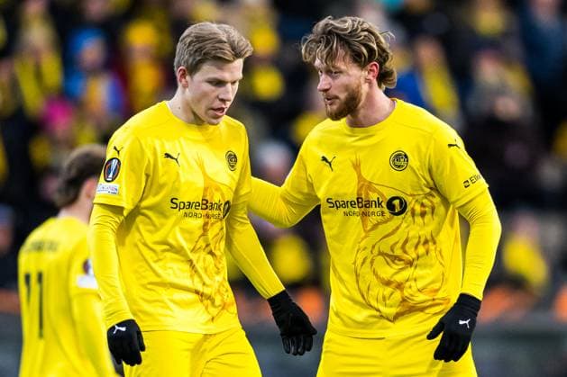 250410 Jens Petter Hauge and Kasper Hogh of Bodo Glimt during the UEFA Europa League quarter-final football match between Bodo Glimt and Lazio on April 10, 2025 in Bodo. Photo: Marius Simensen BILDBYRAN COP 238 bbeng bodo bodo glimt football fotball fotboll kvartfinale lazio quarter-final soccer uefa europa league Copyright: MARIUSxSIMENSEN BB250410ZV011