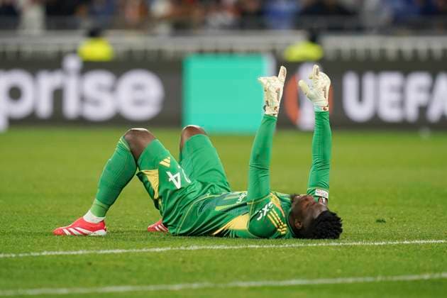 Sport Bilder des Tages Olympique Lyonnais v Manchester United, ManU FC Manchester United goalkeeper Andre Onana (24) celebrates their sides second goal during the Olympique Lyonnais v Manchester United FC UEFA Europa League Quarter-Final 1st leg match at the OL Stadium, Lyon, France on 10 April 2025 Credit: Eleanor Hoad Every Second Media Editorial use only. All images are copyright Every Second Media Limited. No images may be reproduced without prior permission. Copyright: xIMAGO EveryxSecondxMediax ESM-1409-0026 EleanorxHoadx xEveryxSecondxMediax