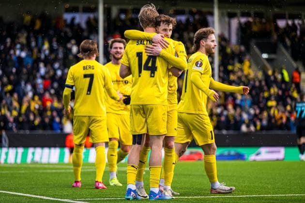 250410 Ulrik Saltnes of Bodo Glimt celebrates after scoring the 2-0 goal during the UEFA Europa League quarter-final football match between Bodo Glimt and Lazio on April 10, 2025 in Bodo. Photo: Marius Simensen BILDBYRAN COP 238 bbeng bodo bodo glimt football fotball fotboll jubel kvartfinale lazio quarter-final soccer uefa europa league Copyright: MARIUSxSIMENSEN BB250410ZF019
