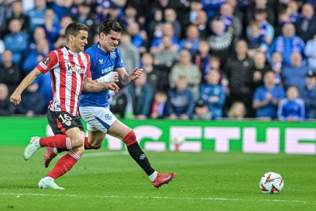 Rangers v Athletic Bilbao UEFA Europa League Ianis Hagi of Rangers and Inigo Ruiz de Galarreta of Athletic Bilbao during the UEFA Europa League Quarter-final First Leg match at Ibrox Stadium, Glasgow UK Newspapers OUT Copyright: xJamiexJohnstonx FIL-21689-0143