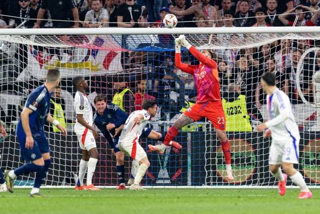 Lyon, France, April 10 2025 : Lucas Perri (23 Olympique Lyonnais) in action (close up) during the UEFA Europa League game between Olympique Lyonnais and Manchester United, ManU at Groupama Stadium in Lyon, France (Giuseppe Velletri SPP) Copyright: xGiuseppexVelletrix xSPPx spp-en-GiVeSp-DZ9_5366