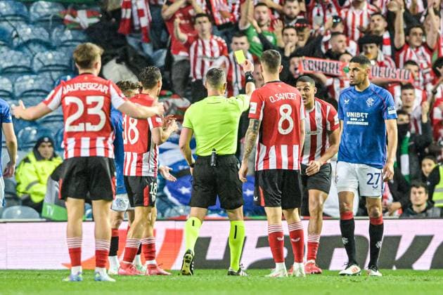 Rangers v Athletic Bilbao UEFA Europa League Maroan Sannadi of Athletic Bilbao is shown a yellow card during the UEFA Europa League Quarter-final First Leg match at Ibrox Stadium, Glasgow UK Newspapers OUT Copyright: xJamiexJohnstonx FIL-21689-0175