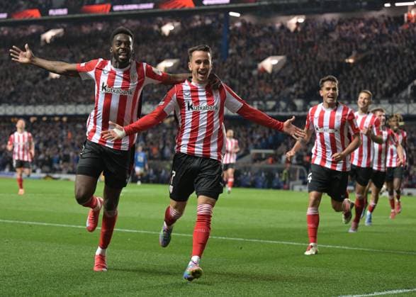 Glasgow, Scotland, 10th April 2025. Before the goal was disallowed Inaki Williams of Athletic Club Bilbao celebrates with goalscorer Alex Berenguer of Athletic Club Bilbao during the Rangers vs Athletic Bilbao UEFA Europa League match at Ibrox Stadium, Glasgow. Picture credit should read: Neil Hanna Sportimage EDITORIAL USE ONLY. No use with unauthorised audio, video, data, fixture lists, club league logos or live services. Online in-match use limited to 120 images, no video emulation. No use in betting, games or single club league player publications. SPI_94_NH_Rangers_AthleticClub SPI-3841-0090