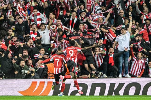 Rangers v Athletic Bilbao UEFA Europa League Alex Berenguer of Athletic Bilbao celebrates with Inaki Williams after he scores their sides first goal of the match before it is then ruled out during the UEFA Europa League Quarter-final First Leg match at Ibrox Stadium, Glasgow UK Newspapers OUT Copyright: xJamiexJohnstonx FIL-21689-0188